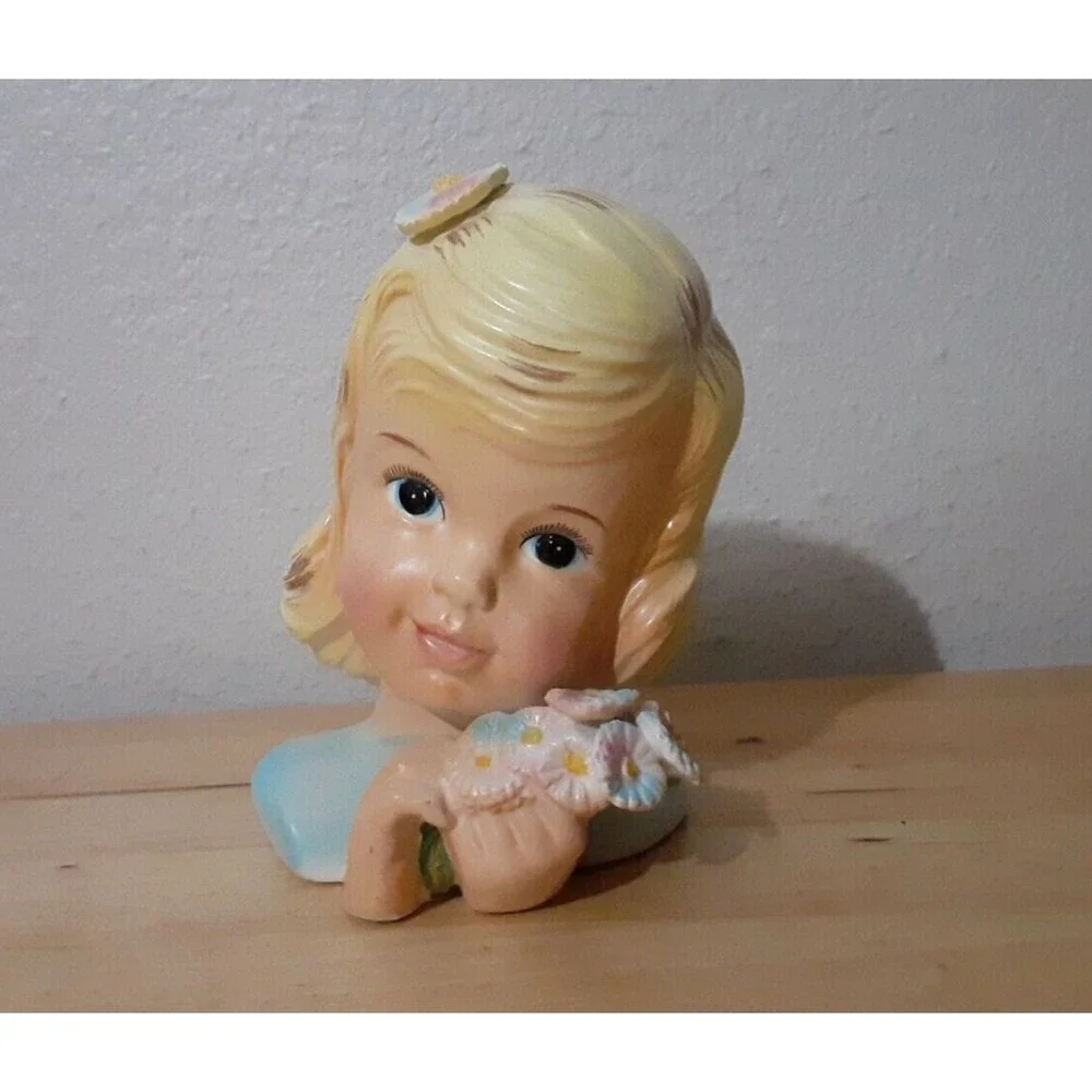 VTG Rare Enesco 1950's Delsey Tissue Girls Headvase 6